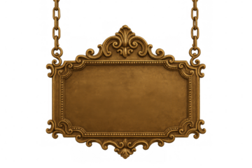 Elegant gold sign with ornate frame hanging on chains, perfect for adding a touch of class to any design project, on transparent background