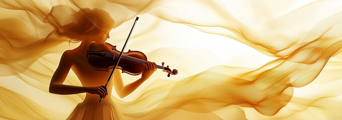 Golden Sculpture of a Violinist Against a Flowing Background
