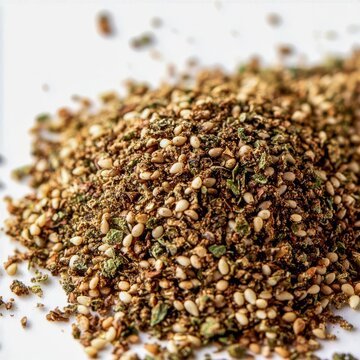 closeup of za&rsquo;atar spice blend with visible sesame seeds and herbs macro food texture ting clean white background