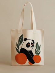 Stylish tote bag with a panda illustration and orange fruits on a neutral background