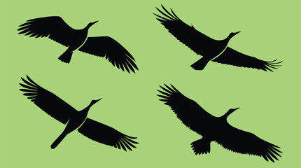 Flying Bird Silhouettes &ndash; Set of Four Black Bird Vectors on Green Background