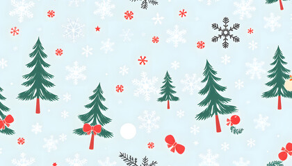 Green pine trees over falling snow background