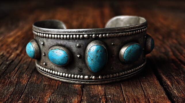 Realistic Native American turquoise cuff bracelet silver hand forged design ethnic jewelry blue stones tribal heritage rustic look leather background artisan craftsmanship - Powered by Adobe