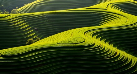 Fototapeta premium Lush green terraced rice fields curving across rolling hills under dramatic sunlight