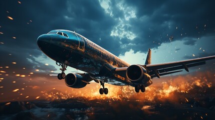 Pixelated Airplane Flying at Night Under a Full Moon

