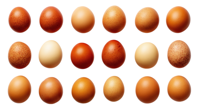 Eggs arranged in clean layout for cooking or baking, isolated on tranparent background 