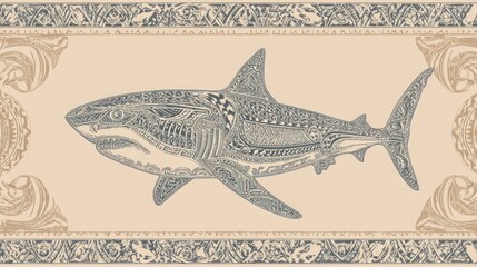 Obraz premium Ornate shark illustration in decorative frame