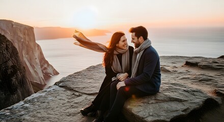 Couple Sitting on Rock at Sunset