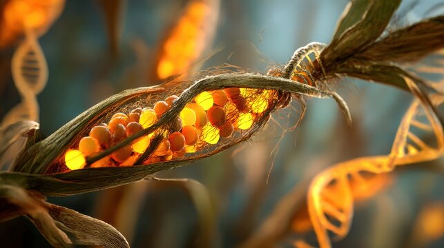 corn stalk with glowing mutated kernels on DNA spiral lab lighting
