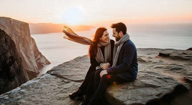 Couple Sitting on Rock at Sunset