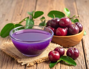 Bowls of vibrant red Suco de Acerola, Brazilian acerola cherry juice, a healthy and tangy beverage.