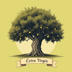 Pixel Art Olive Tree with Yellow Fruit and Vintage Banner