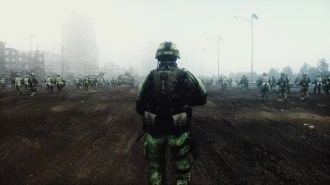 Soldier with gun in in a ruined city.