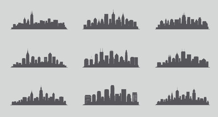 Obraz premium Silhouette skyline of diverse urban buildings with minimalistic design elements