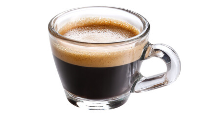 Fototapeta premium Espresso coffee in small transparent glass cup with crema, isolated on tranparent background 