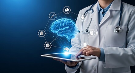 Doctor interacting with digital brain interface medical