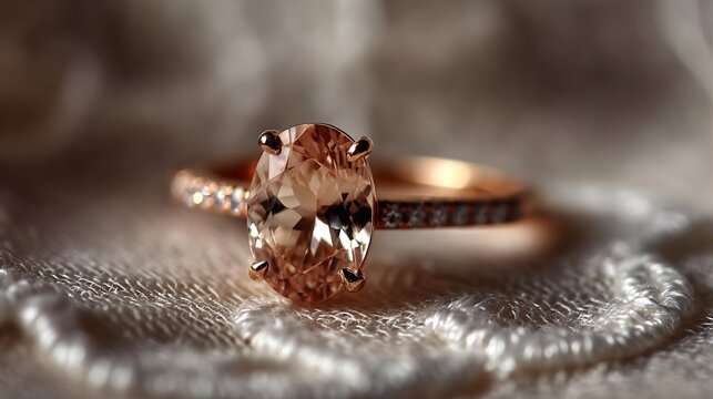 Rose gold engagement ring oval morganite center stone and diamond accents soft romantic hue macro close up on bridal lace background