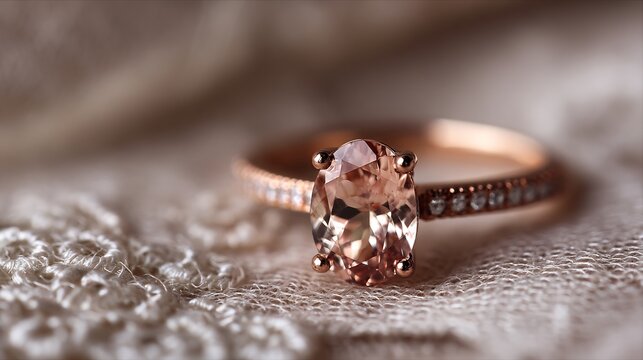 Rose gold engagement ring oval morganite center stone and diamond accents soft romantic hue macro close up on bridal lace background