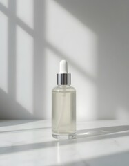 A clear serum bottle with a dropper on a white surface with window shadows casting on the background