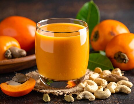 A glass of golden Suco de Caju, Brazilian cashew fruit juice, a unique and refreshing beverage.