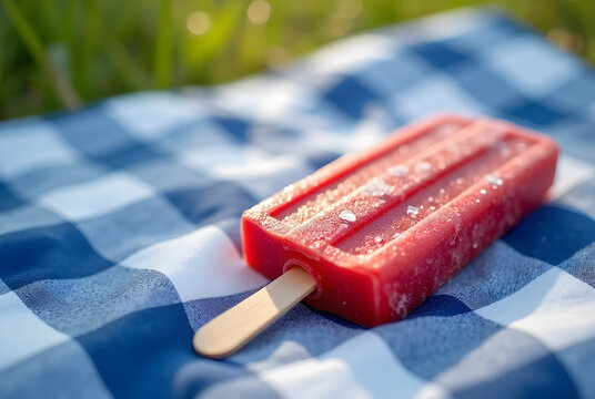 Classic Strawberry Eispop on Blue Picnic Blanket