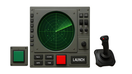 Obraz premium Flat Lay of Air Defense Control Console with Radar Screen and Tactical Maps PNG