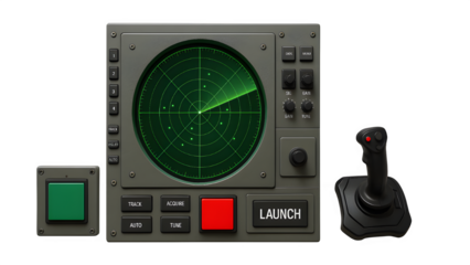 Flat Lay of Air Defense Control Console with Radar Screen and Tactical Maps PNG