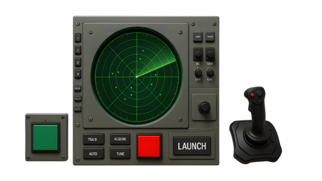 Flat Lay of Air Defense Control Console with Radar Screen and Tactical Maps PNG