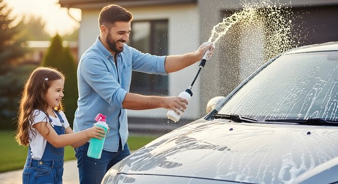 Father and Daughter Washing Car Together
