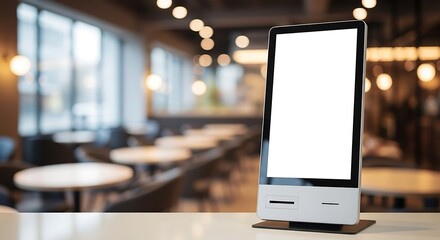 Modern kiosk display in cafe interior screen blank