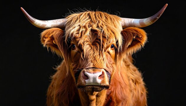 Single furry highland cow on black background. Suitable for marketing or business purposes - Powered by Adobe