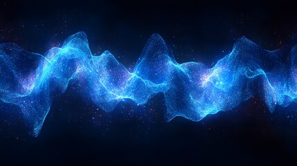 An ethereal blue energy wave flows and undulates against a dark backdrop, sparkling with a cosmic glow creating a mesmerizing and futuristic abstract design.