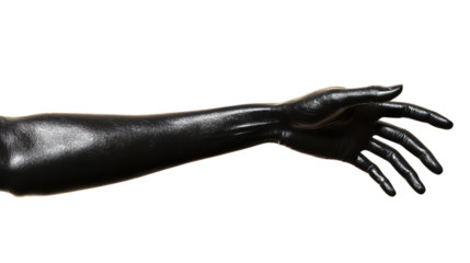 A dramatic black hand reaching out from darkness embodying artistry and vulnerability on transparent background
