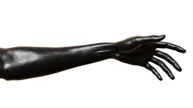 A dramatic black hand reaching out from darkness embodying artistry and vulnerability on transparent background - Powered by Adobe