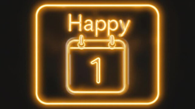 Neon happy new year concept background with glowing calendar icons of the first day