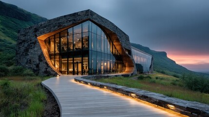 Modern building nestled in mountain landscape at twilight