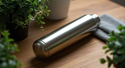 Stainless Steel Water Bottle on Wooden Surface with Green Plant and Towel