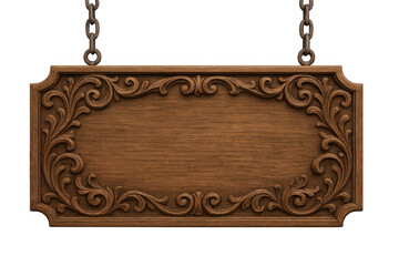 Weathered wooden sign decorated with delicate flowers, suspended from rustic metal chains against transparent backdrop