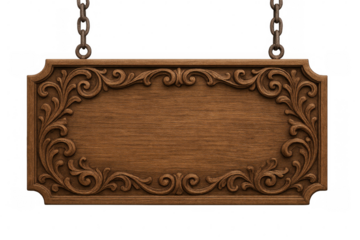 Weathered wooden sign decorated with delicate flowers, suspended from rustic metal chains against transparent backdrop