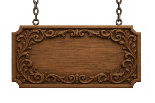 Weathered wooden sign decorated with delicate flowers, suspended from rustic metal chains against transparent backdrop