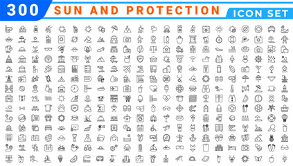 Sun & Protection icon set. Contains icons sunscreen, ultraviolet, sunglasses, SPF protection, umbrella, sunburn, sun hat and more. editable stroke. vector illustration
