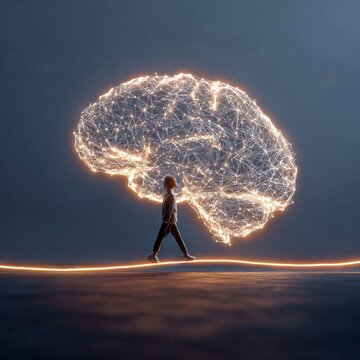 conceptual of a person walking on a glowing wireframe brain symbolizing logic journey