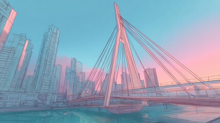 Pastel cityscape with a bridge