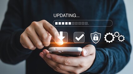 Person updating software on smartphone with digital icons hands technology