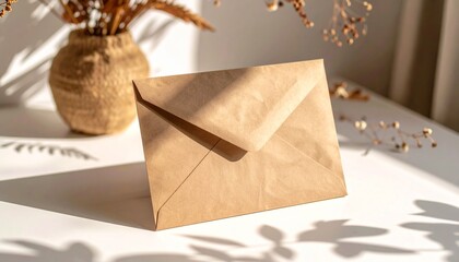 Brown kraft paper envelope with dried flowers on white