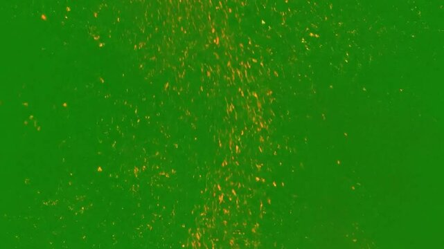 Burning red hot sparks rise from large fire seamless loop. Backdrop of bonfire, light and life. 3D animation of fiery orange glowing flying ember particles on green screen for keying in 4k
