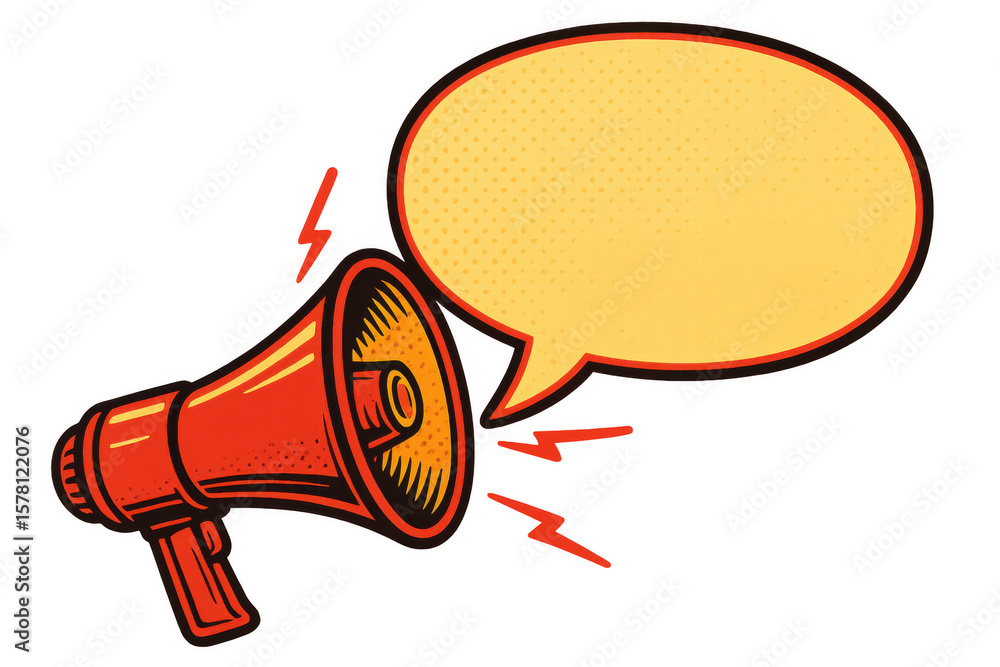 Poster loudspeaker broadcasting message with blank speech bubble against transparent backdrop, symbolizing 