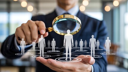 Magnifying glass examining human figures network business