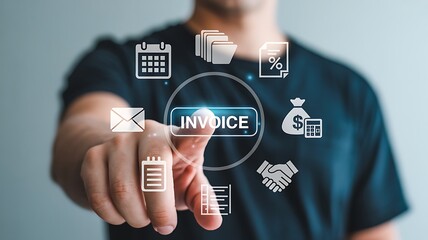 Hand pointing at digital invoice icons finger