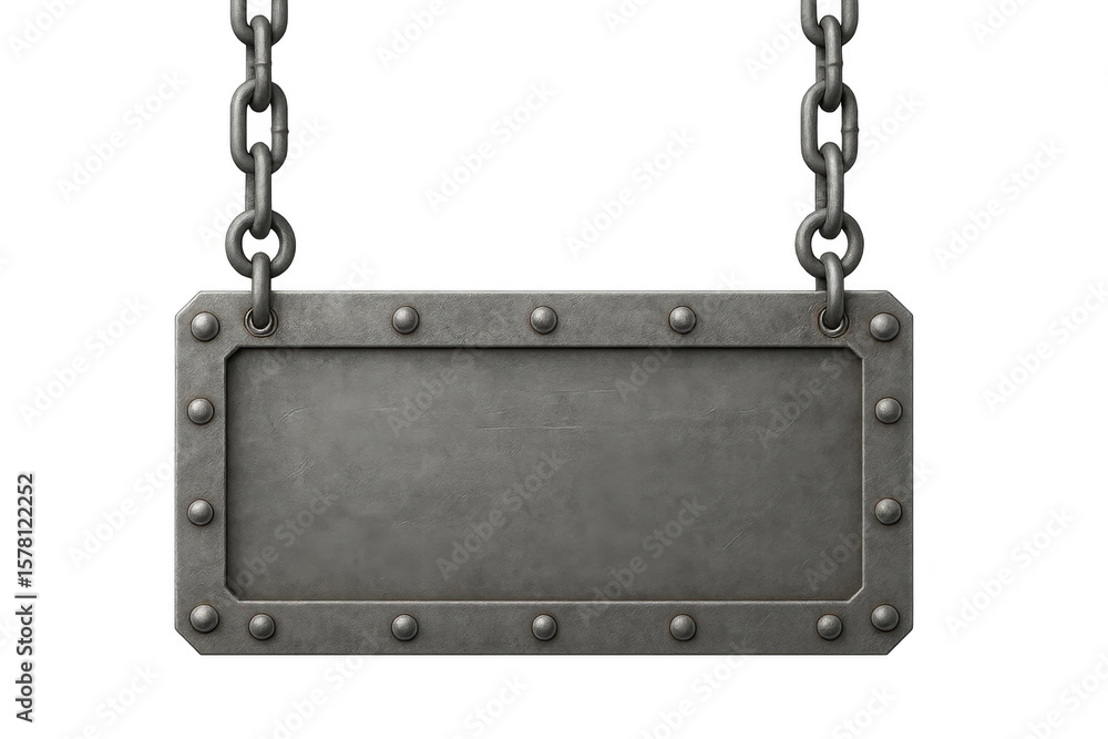 Poster metal plate hanging from chains with transparent background, ideal for adding custom text or images